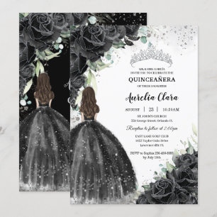 Black Blommigt Dress Silver Quinceañera Sweet 16 X Inbjudningar