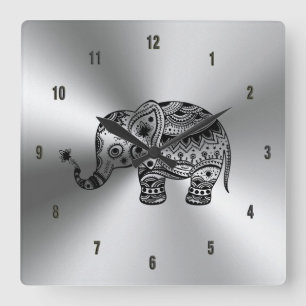 Black Blommigt Elephant Metallic Silver Fyrkantig Klocka