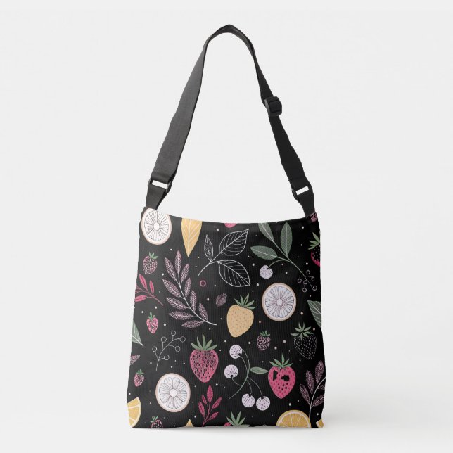 "Black Blommigt Fruit Mönster Tote Bag" Axelväska (Framsida)