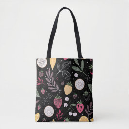 "Black Blommigt Fruit Mönster Tote Bag" Tygkasse