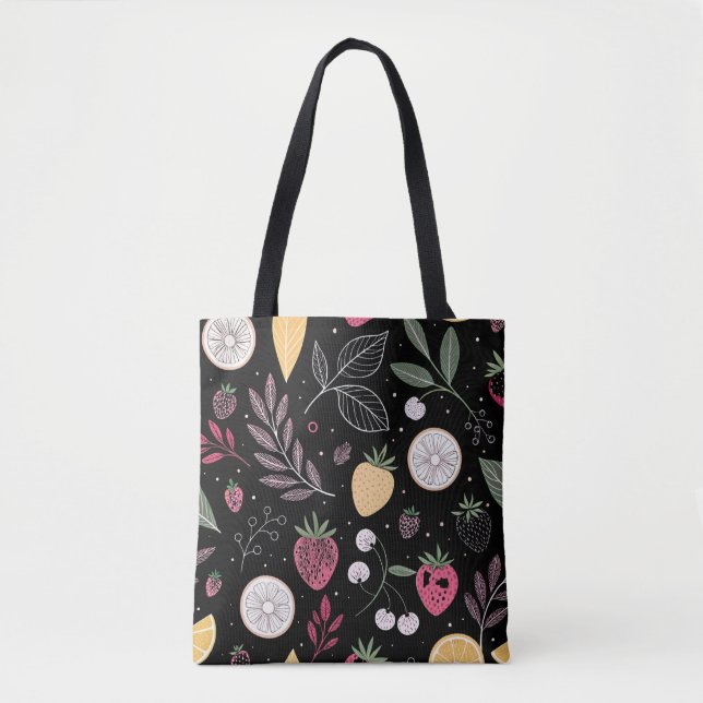 "Black Blommigt Fruit Mönster Tote Bag" Tygkasse (Framsida)