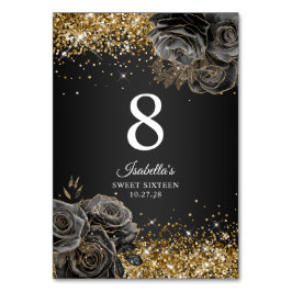 Black Blommigt Glam Guld Glitter Sweet sixteen Bordsnummer