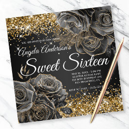 Black Blommigt Glam Guld Glitter Sweet sixteen Inbjudningar