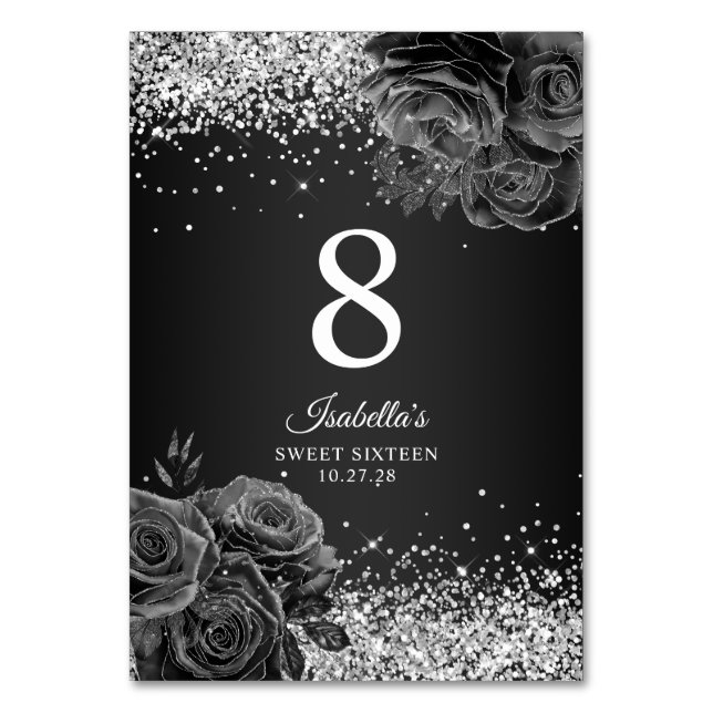 Black Blommigt Glam Silver Glitter Sweet sixteen Bordsnummer (Framsidan)