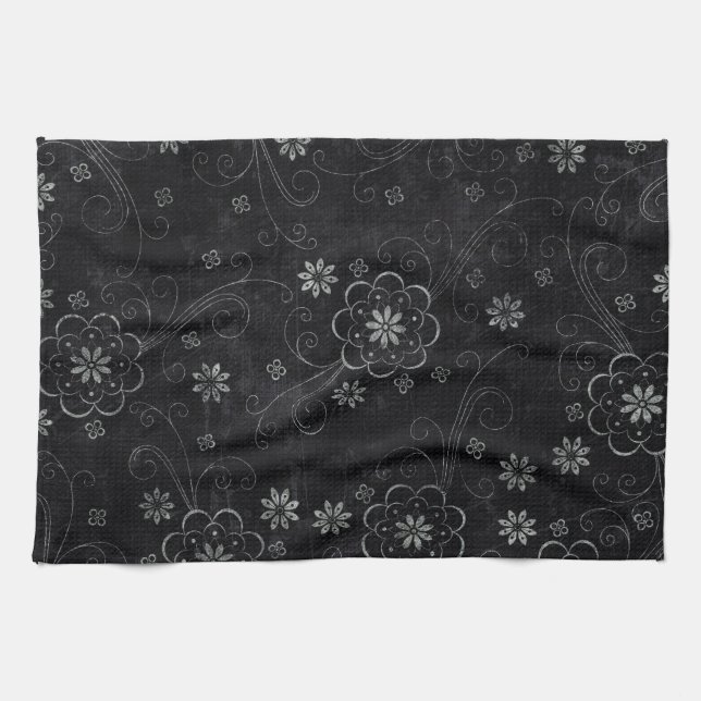 Black Blommigt Kitchen Towel Kökshandduk (Horisontell)