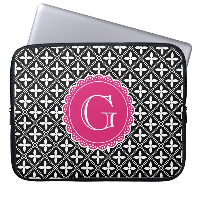Black Blommigt Lattice Mönster Shock rosa Monogram Laptop Sleeve (Framsidan)
