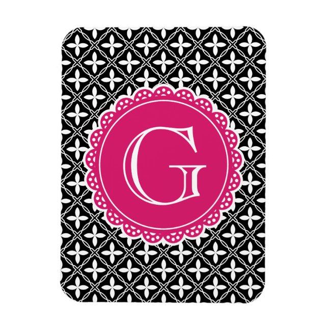 Black Blommigt Lattice Mönster Shock rosa Monogram Magnet (Vertikal)
