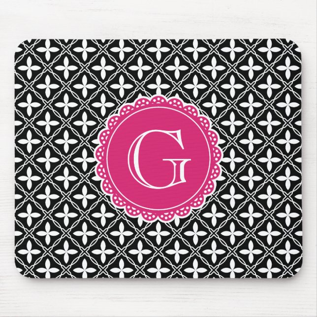 Black Blommigt Lattice Mönster Shock rosa Monogram Musmatta (Framsidan)