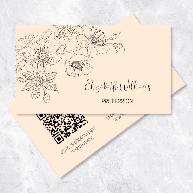 Black Blommigt Line Art Botanical QR-kod Visitkort (Skapare uppladdad)