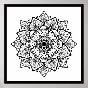 Black Blommigt Mandala On White Poster
