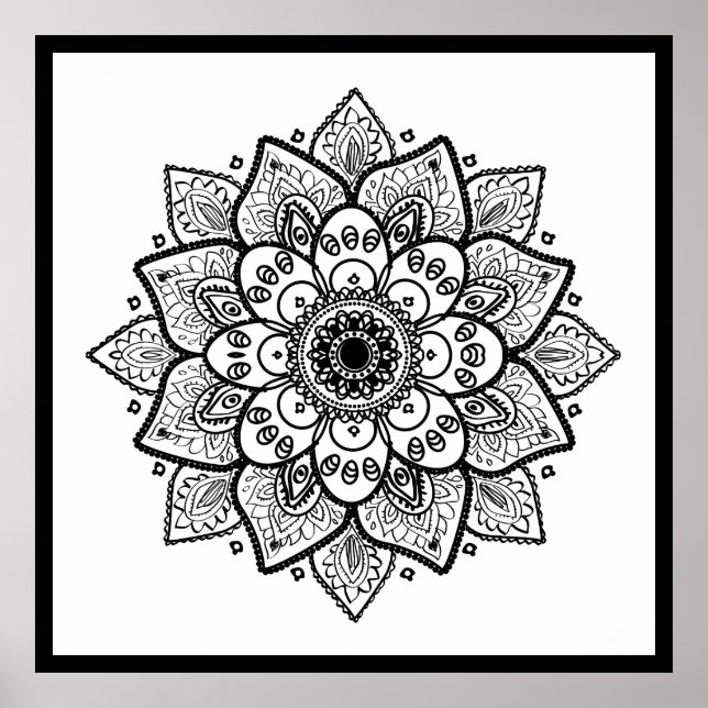 Black Blommigt Mandala On White Poster (Framsidan)