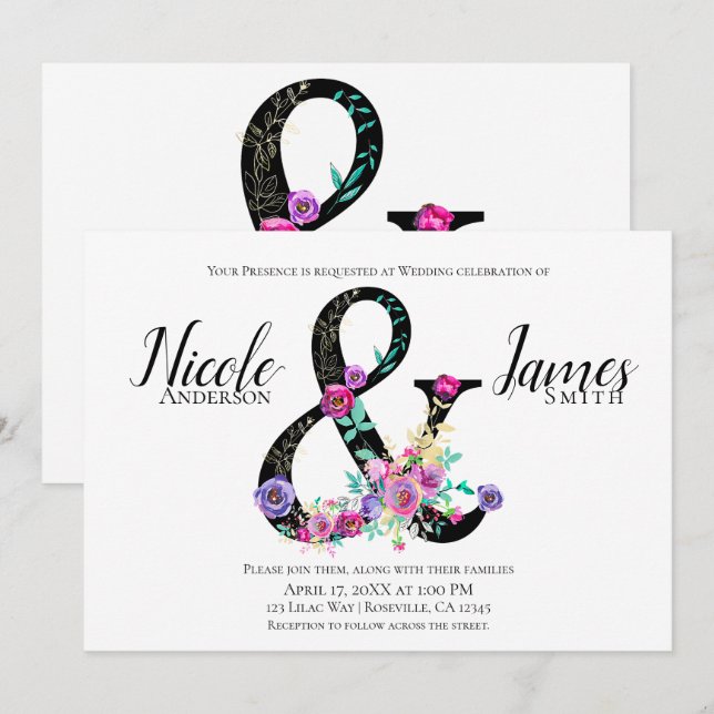 Black Blommigt Modern Ampersand Chic Vår bröllop Inbjudningar (Fram/baksida)