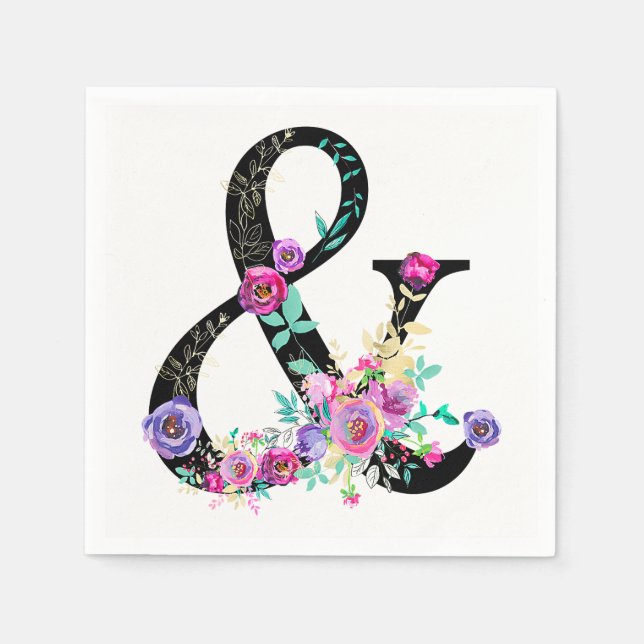 Black Blommigt Modern Ampersand Chic Vår bröllop Pappersservett (Framsidan)