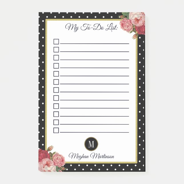 Black Blommigt Monogram Polka dots Namn att göra l Post-it Block (Framsida)