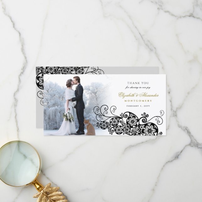 Black Blommigt Paisley Boho Elegant bröllop Photo Tack Kort (Fram/Back In Situ)