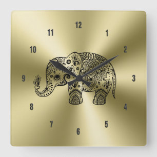 Black Blommigt Paisley Elephant Guld Stainless Ste Fyrkantig Klocka