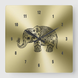 Black Blommigt Paisley Elephant Guld Stainless Ste Fyrkantig Klocka