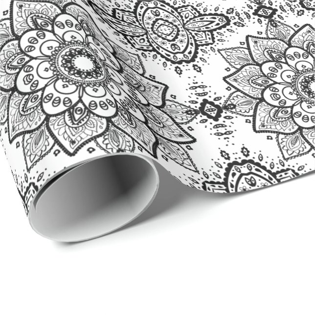 Black Blommigt Paisley Mandala Mönster Presentpapper (Rullad Hörn)