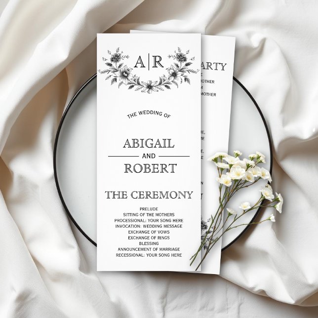 Black blommigt ram med monogram bröllopsprogram reklamkort (Skapare uppladdad)