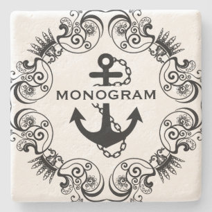 Black Blommigt Ram & Nautical Anchor Monogram Underlägg Sten