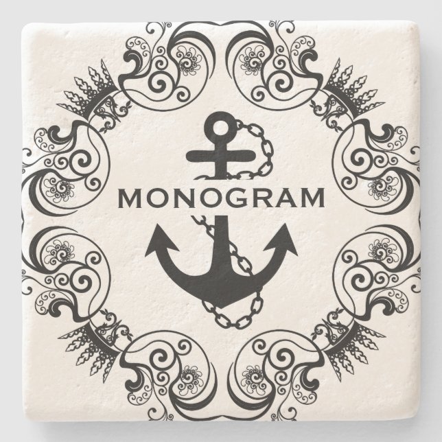 Black Blommigt Ram & Nautical Anchor Monogram Underlägg Sten (Framsidan)
