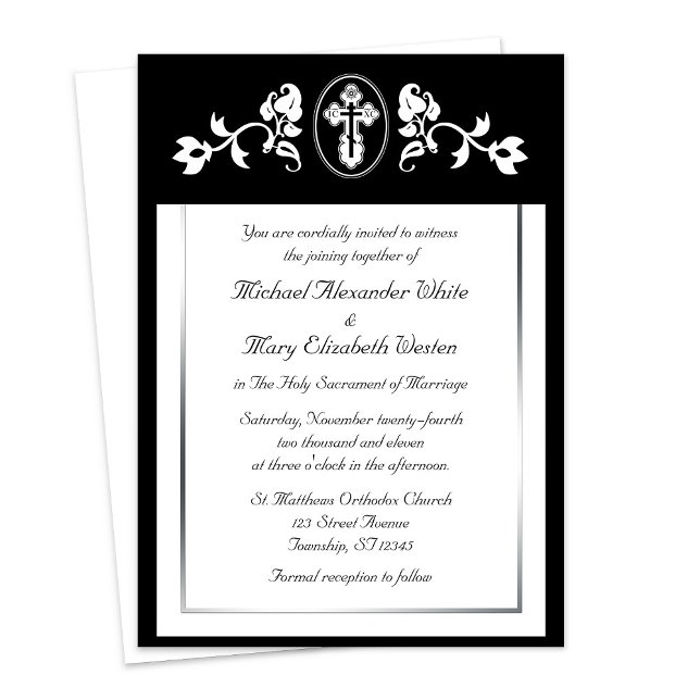 Black Blommigt Ram - Ortodoxa bröllopsinbjudningar Inbjudningar (Black Floral Frame - Orthodox Wedding Invitations at Ammia's Orthodox Online Store on Zazzle. )