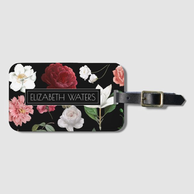 BLACK BLOMMIGT RESVEL LUGGAGE TAG BAGAGEBRICKA (Framsida horisontal)