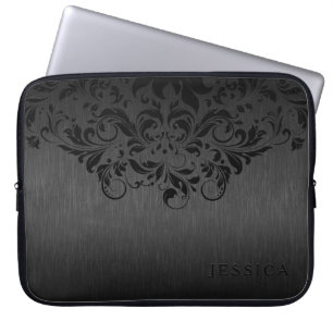 Black Blommigt Snöre grått Metallic Background Laptop Sleeve