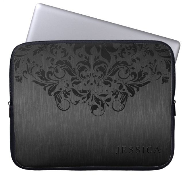 Black Blommigt Snöre grått Metallic Background Laptop Sleeve (Framsidan)
