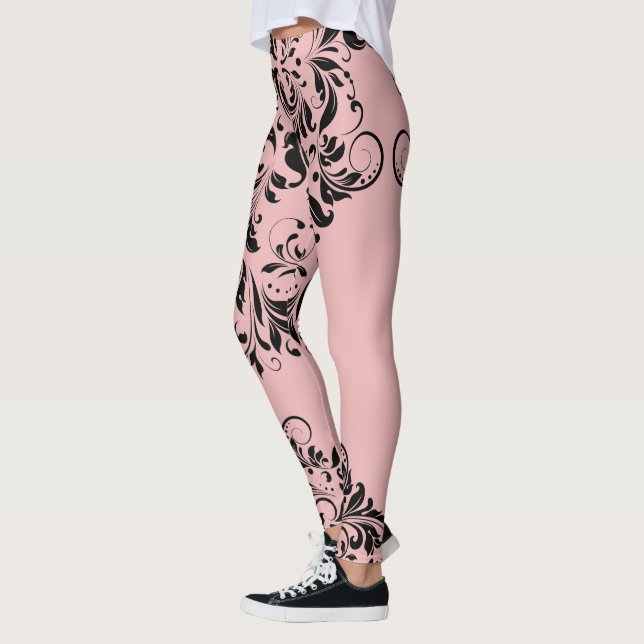Black Blommigt Snöre Rosa Background Leggings (Vänster)