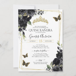 Black Blommigt Watercolor Guld Butterfly Quinceane Inbjudningar