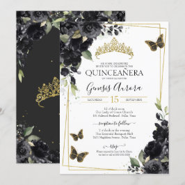 Black Blommigt Watercolor Guld Butterfly Quinceane Inbjudningar