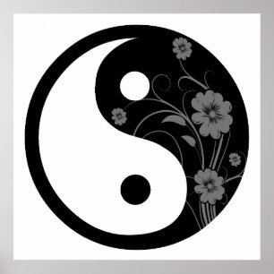 Black Blommigt Yin Yang Symbol Poster