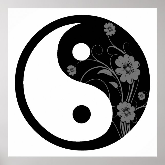 Black Blommigt Yin Yang Symbol Poster (Framsidan)