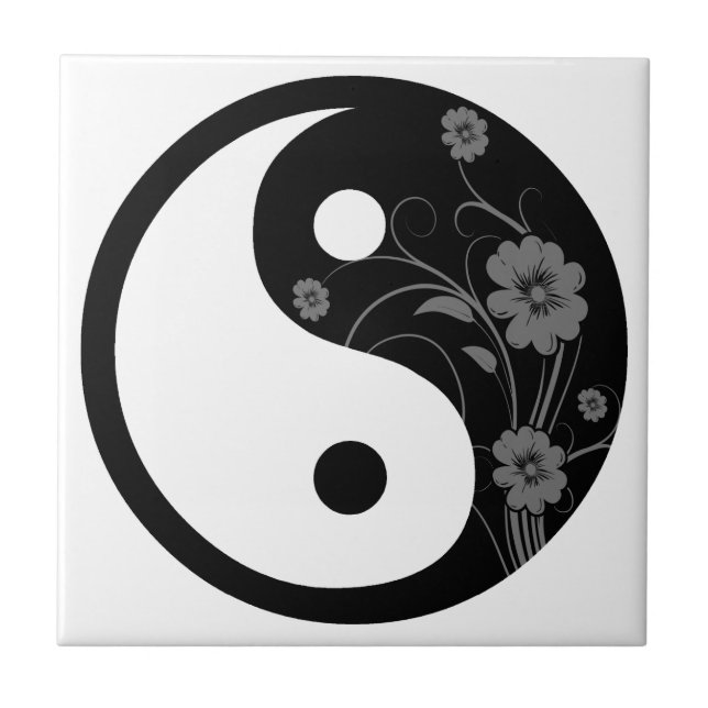 Black Blommigt Yin Yang Tile Kakelplatta (Framsidan)