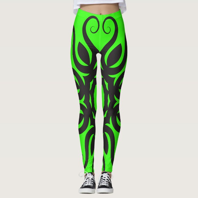 Black Blommönster on Neon Grönt Women's Workout Leggings (Framsida)