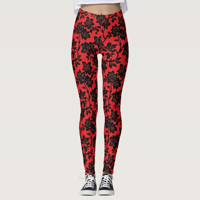 Black Blommönster Red Leggings (Framsida)
