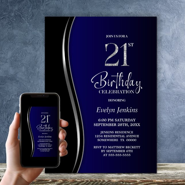 Black Blue 21:a födelsedagen Party Inbjudningar (Skapare uppladdad)