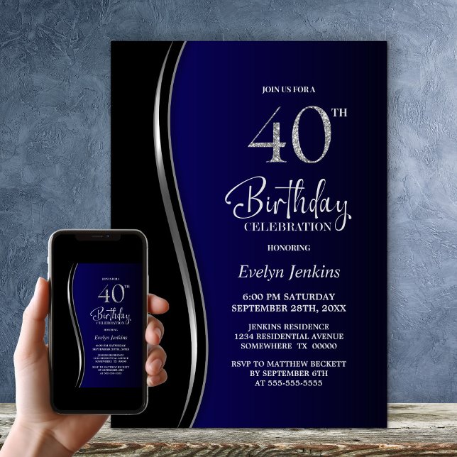 Black Blue 40 Birthday Party Inbjudningar (Skapare uppladdad)