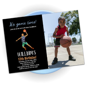 Black Blue Basketball Birthday med foto Inbjudningar