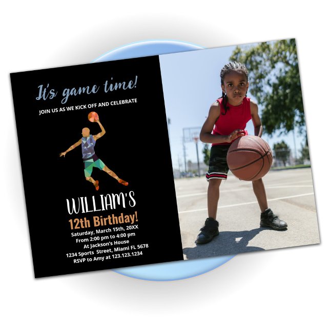 Black Blue Basketball Birthday med foto Inbjudningar (Skapare uppladdad)