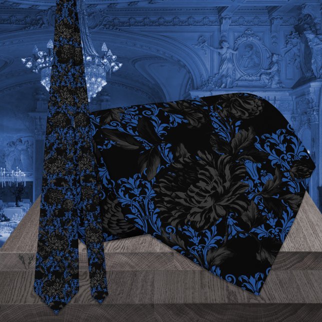 Black & Blue Blommigt Damask Gothic Bröllop Slips (Skapare uppladdad)