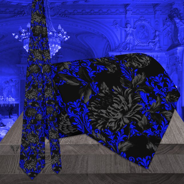 Black & Blue Blommigt Damask Gothic Bröllop Slips (Skapare uppladdad)