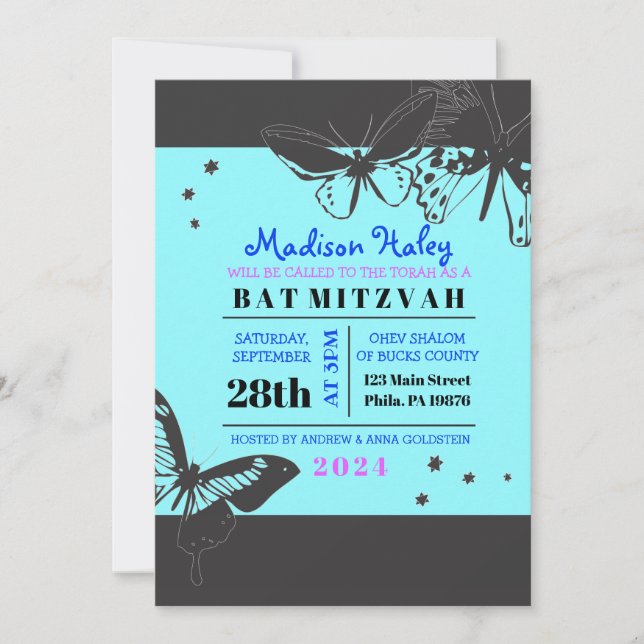 BLACK & BLUE BUTTERFLY-Bat mitzvah inbjudan (Framsida)
