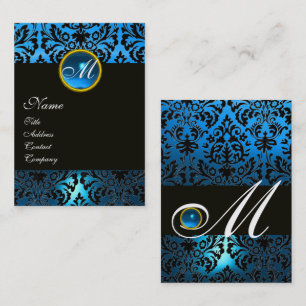 BLACK BLUE DAMASK BLOMMIGT MONOGRAM Sapphire Gem Visitkort