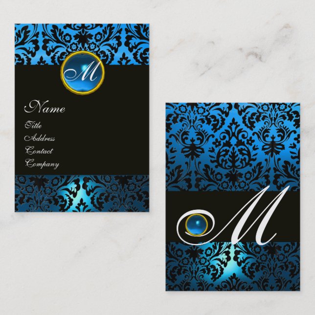 BLACK BLUE DAMASK BLOMMIGT MONOGRAM Sapphire Gem Visitkort (Fram/baksida)