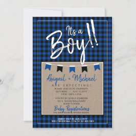 Black + Blue Det är en pojk-Buffalo Play Baby Show Inbjudningar