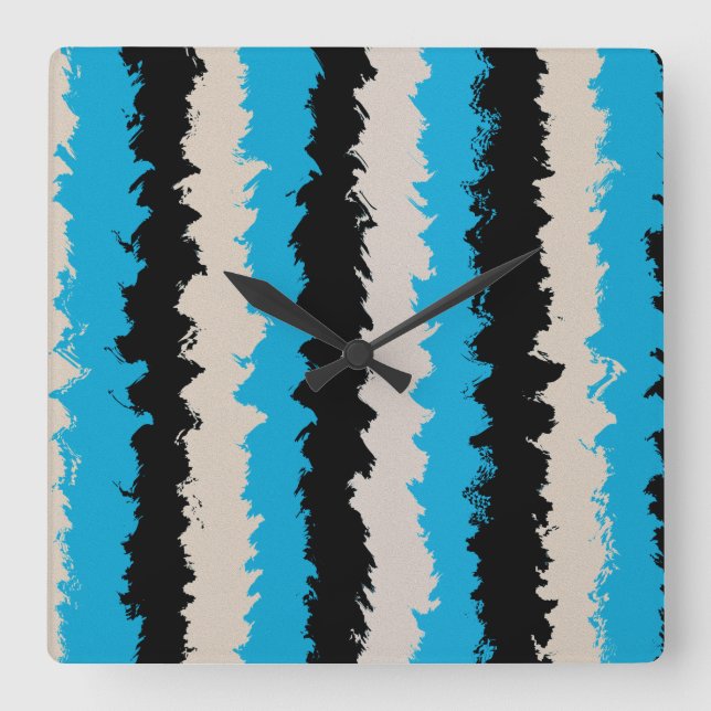 Black Blue Grått Abstrakt Rand Mönster Fyrkantig Klocka (Framsida)