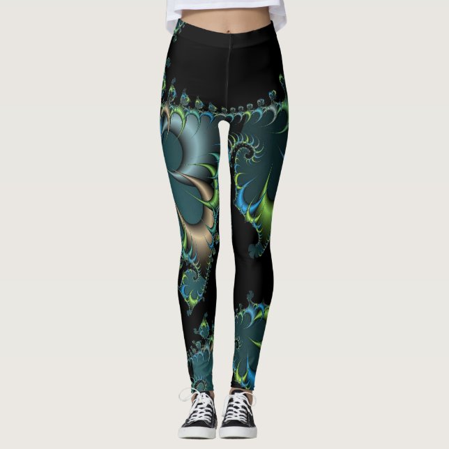 Black Blue Grönt Digital Abstrakt Leggings (Framsida)