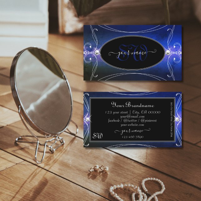 Black Blue Grönt Ornate Gnistra Diamonds Initialer Visitkort (Skapare uppladdad)